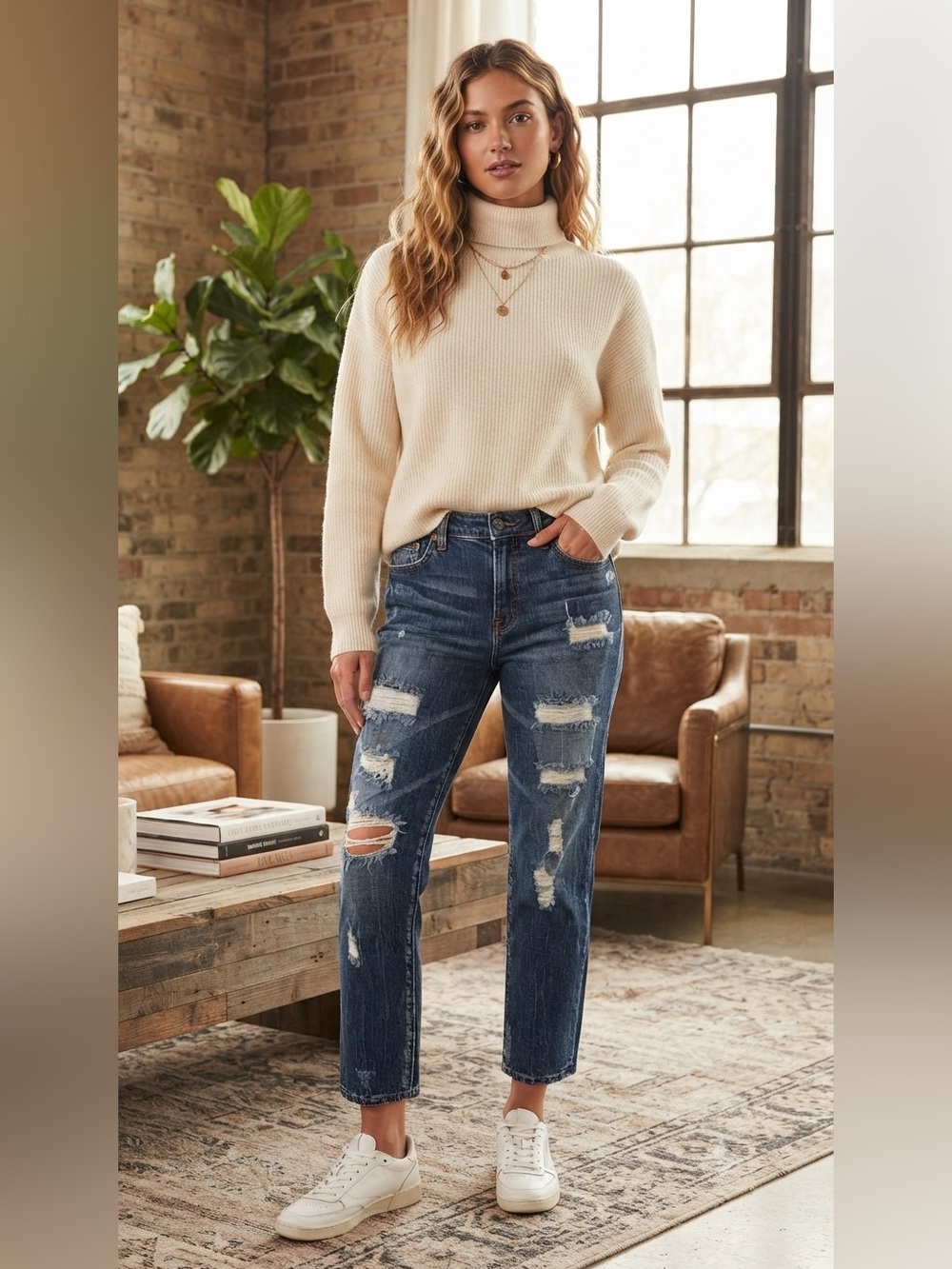 High-Rise Straight Leg Distressed Jeans in Dark Blue